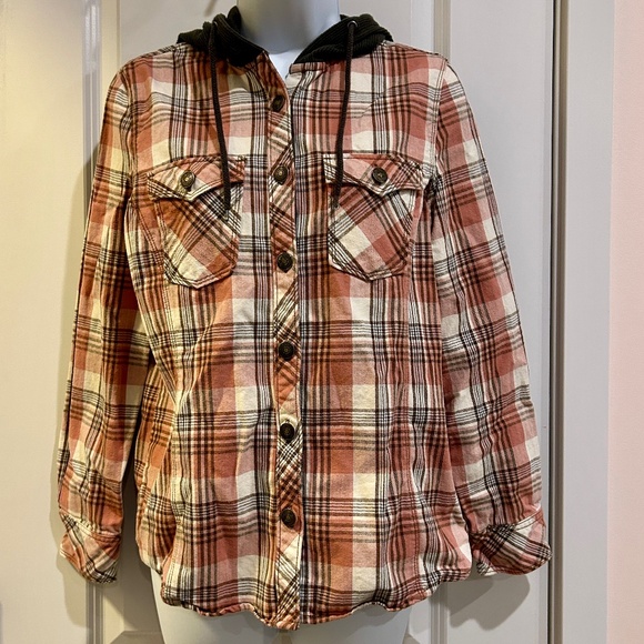 Legacy Falls For Her Dusty Orange Plaid Button Down Top With Knit Hoodie Small - Picture 2 of 9
